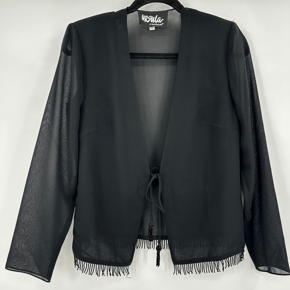 Ursula of Switzerland Black Sheer Chiffon Beaded Fringe Evening Jacket 4P Formal